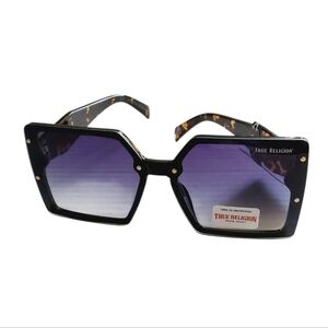 TRUE RELIGION Oversized Glossy Black Sunglasses Gold Accent